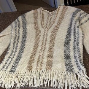 Faherty Ladies Lima Artisanal Poncho Cream Gray Stripe Sweater-XS/S
